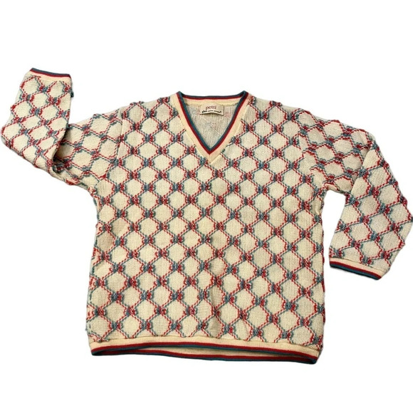 Vintage Popcorn Knit V Neck Sweater Pink Blue Cream Small - Picture 7 of 7